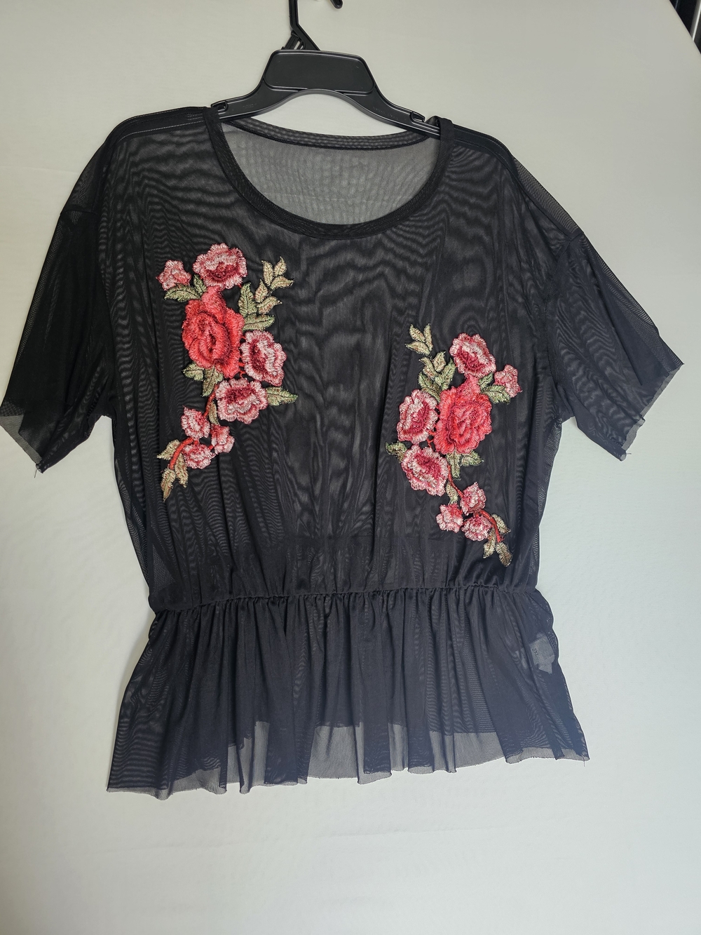 Black Mesh Peplum Top with Pink Rose Embroidery